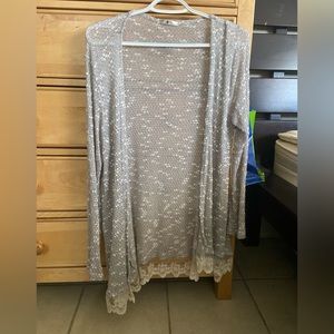 Blu Planet, white and grey cardigan with lace bottom, size large